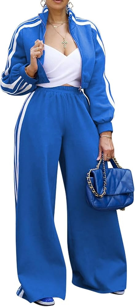 Akmipoem Sweatsuits Women 2 Piece Outfit Striped Tracksuit Long Sleeve Zipper Crop Sweatshirt Wid... | Amazon (US)