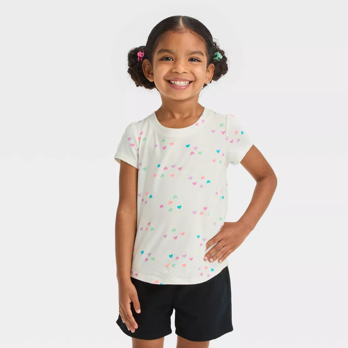 Toddler Girls' Short Sleeve Heart Printed T-Shirt - Cat & Jack™ Off-White 18M: Ruffle Eyelet Sl... | Target
