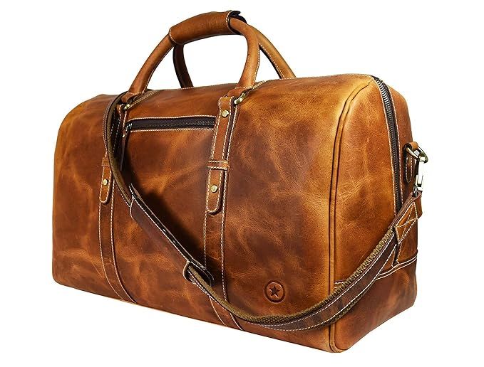 Leather Travel Duffle Bag | Gym Sports Bag Airplane Luggage Carry-On Bag By Aaron Leather (Carame... | Amazon (US)