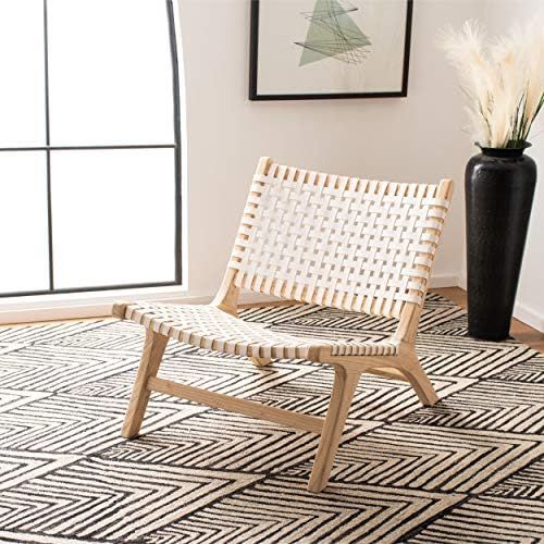 Safavieh Home Luna White and Natural Leather Woven Accent Chair | Amazon (US)