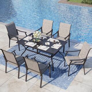 Black 7-Piece Metal Slat Rectangle Table Outdoor Patio Dining Set with Textilene Chairs | The Home Depot
