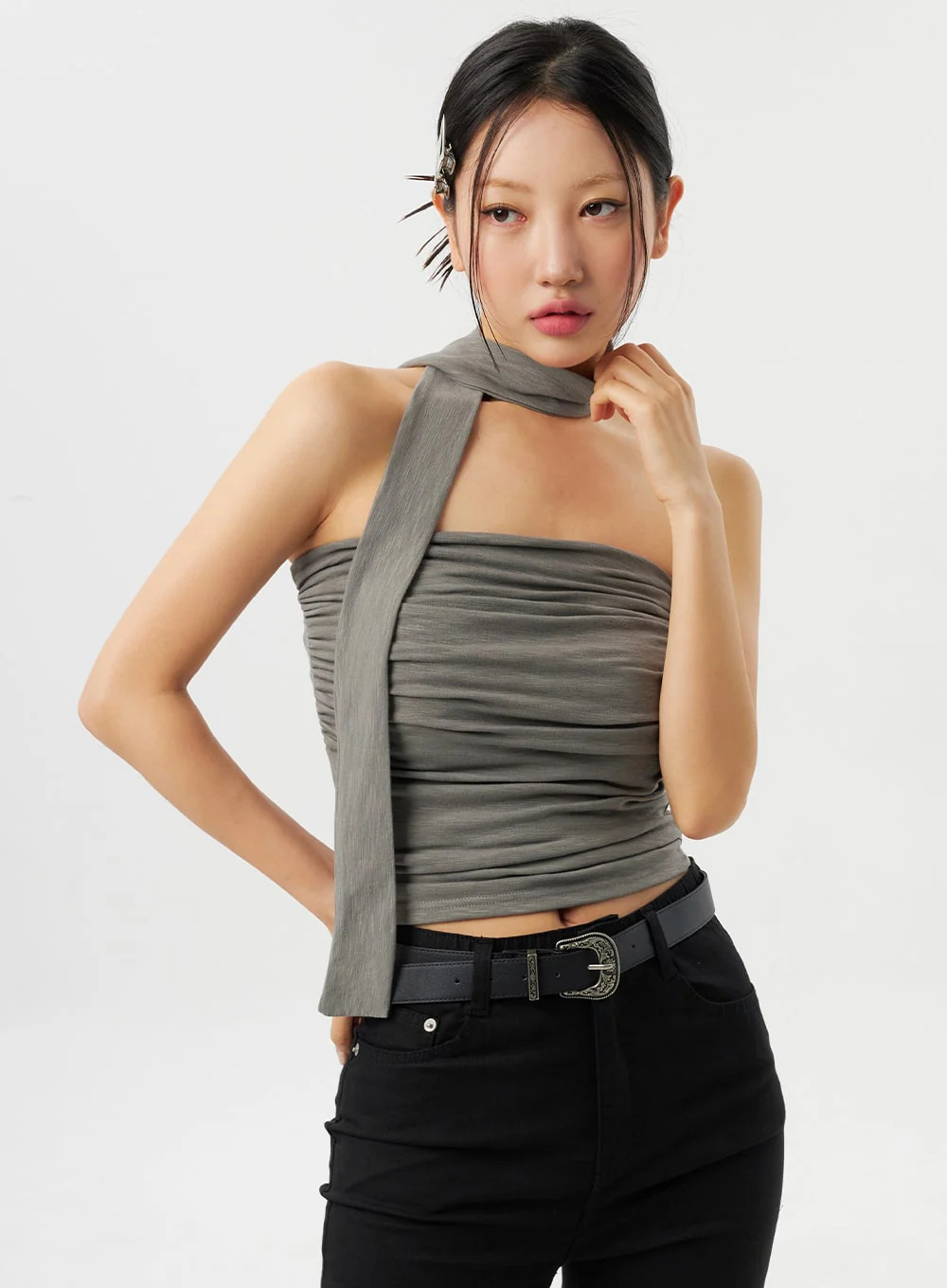 Ruched Tube Top With Scarf CY315Black / S/M | Lewkin