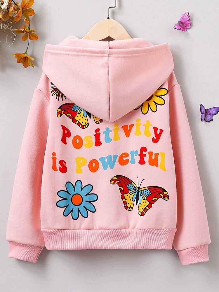 Girls Slogan & Butterfly Print Drop Shoulder Thermal Hoodie | SHEIN