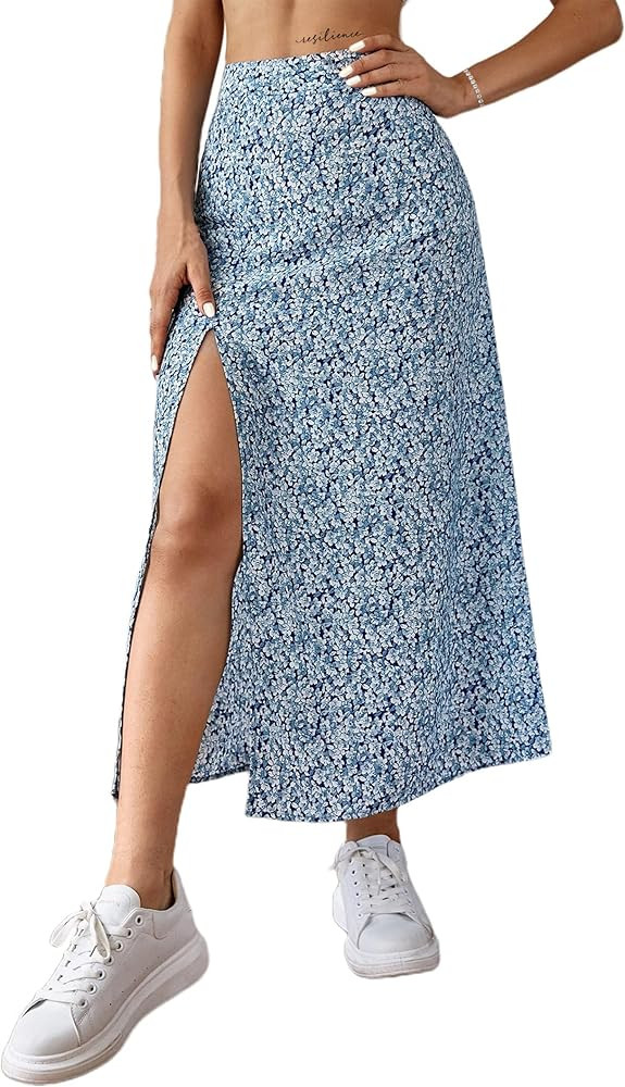 Avanova Women Boho Floral Slit Slip Midi Skirt High Waist Summer A Line Skirt | Amazon (US)