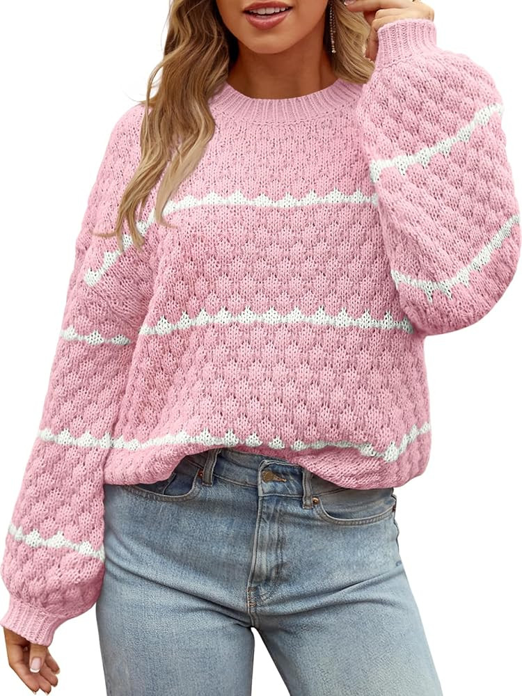 MEROKEETY Women's Striped Long Sleeve Pullover Sweater Crew Neck Oversized Fall Casual Knit Jumpe... | Amazon (US)