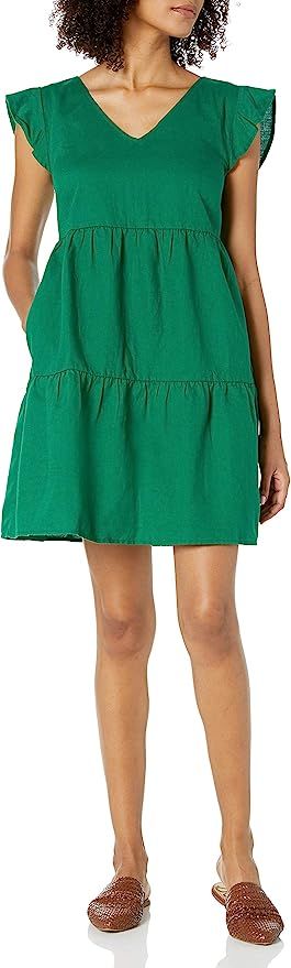Amazon Brand - Goodthreads Women's Relaxed Fit Washed Linen Blend Flutter Sleeve Peasant Dress | Amazon (US)