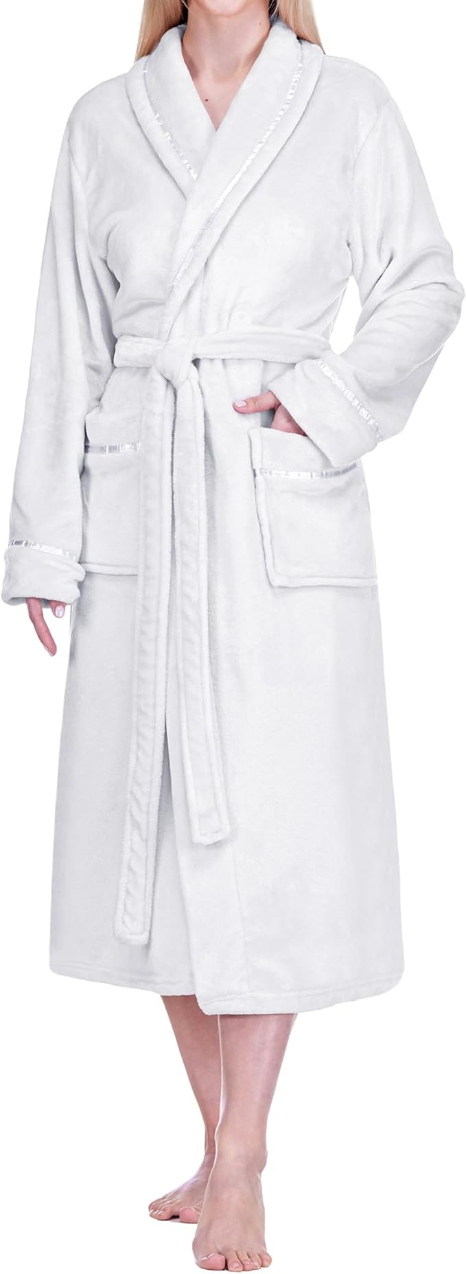 PAVILIA Womens Fleece Robe with Satin Trim, Plush Soft Long Spa Bathrobe, Cozy Shawl Collar House... | Amazon (US)