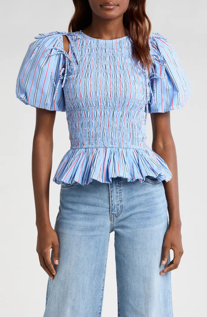 Damson Madder Becca Stripe Cutout Smocked Organic Cotton Peplum Top | Nordstrom | Nordstrom