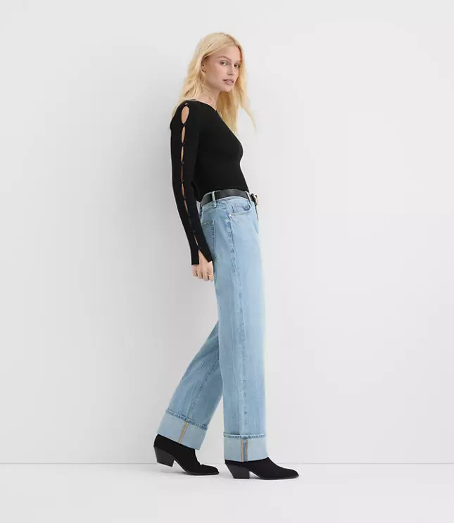 Rivete Cuffed Mid Rise Relaxed Straight Jeans in Light Wash | LOFT