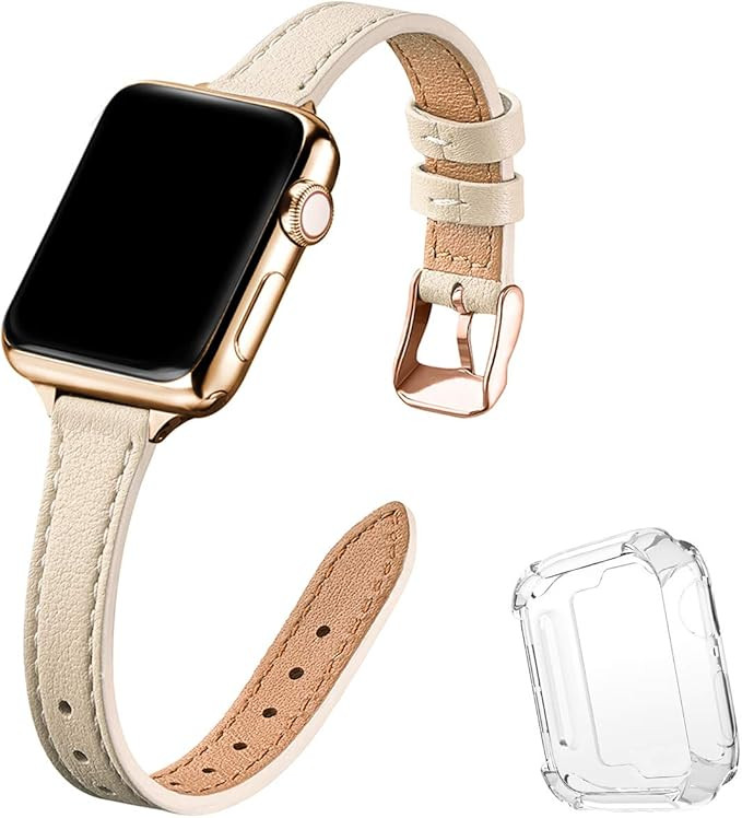 STIROLL Slim Leather Bands Compatible with Apple Watch Band 38mm 40mm 42mm 44mm, Top Grain Leathe... | Amazon (US)