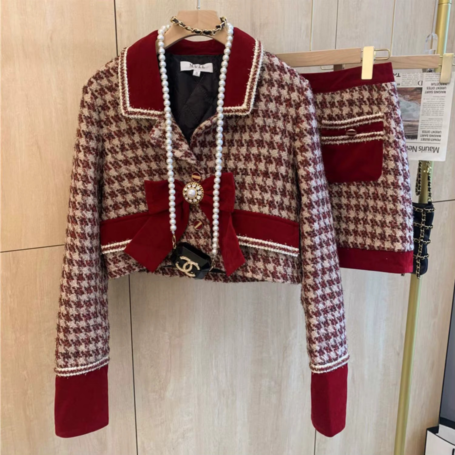 Women Christmas New Year Tweed Houndstoot Red Suit Blazer Jackert Coat Top Mini Skirt Two Piece S... | AliExpress (US)