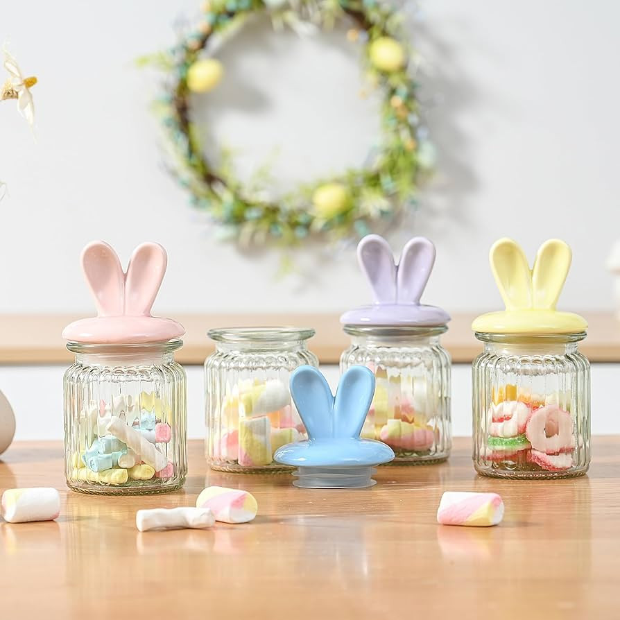 Glass Easter Candy Jars with Ceramic Bunny Ear Lids, 4Pcs Sealing Bunny Jars in Pastel Colors for... | Amazon (US)