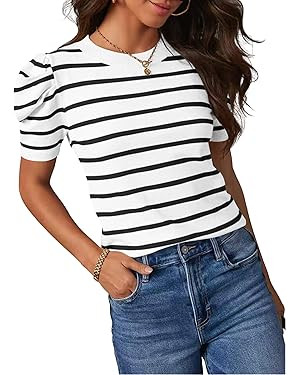 HAEOF Women's 2025 Summer Short Puff Sleeve Knit Tops Trendy Crewneck Striped Shirts Dressy Casua... | Amazon (US)
