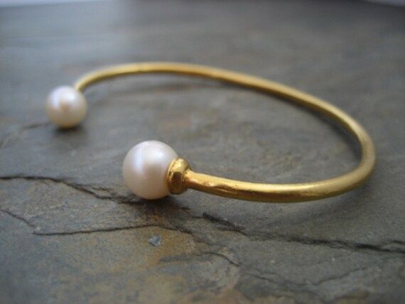 Double pearl cuff, twin pearl bracelet, natural pearl bangle, bridal open bangle, gold open bracelet | Etsy (US)