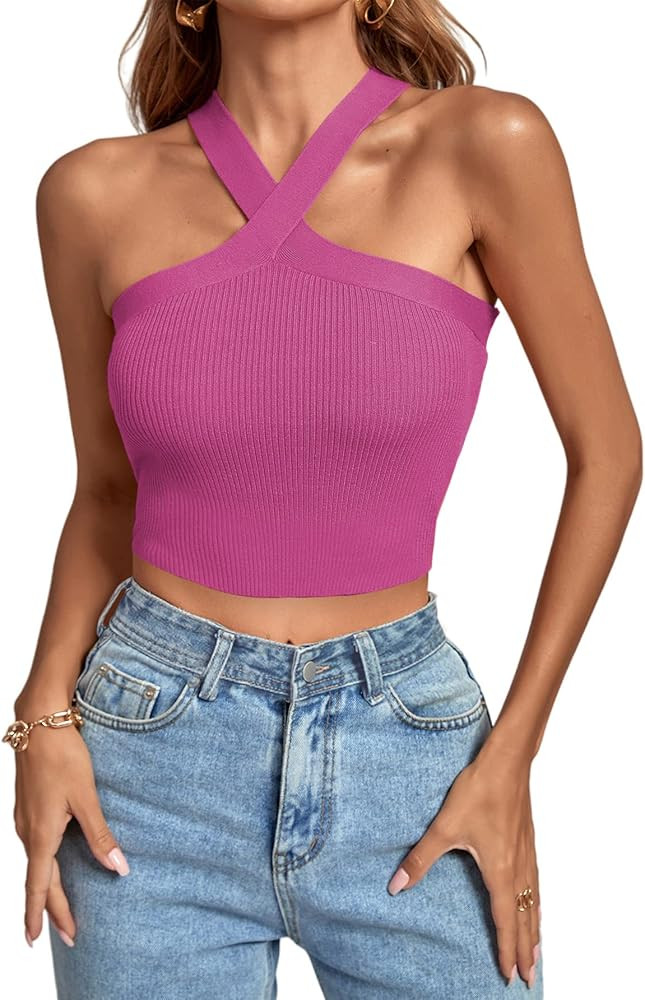 Umenlele Women's Criss Cross Halter Crop Top Sleeveless Ribbed Knit Cami Tank Tops | Amazon (US)