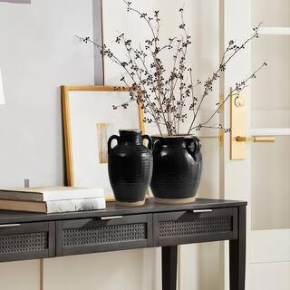 9.4 in. Black Jug Round Terracotta Vase with Two Handles | The Home Depot