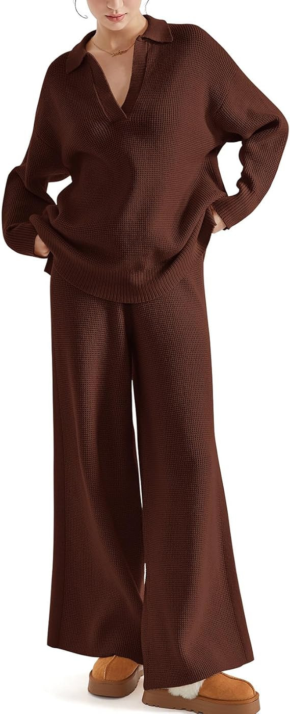 SUUKSESS Women 2 piece Fall outfits Matching Lounge Set Waffle Knit Sweater sets | Amazon (US)