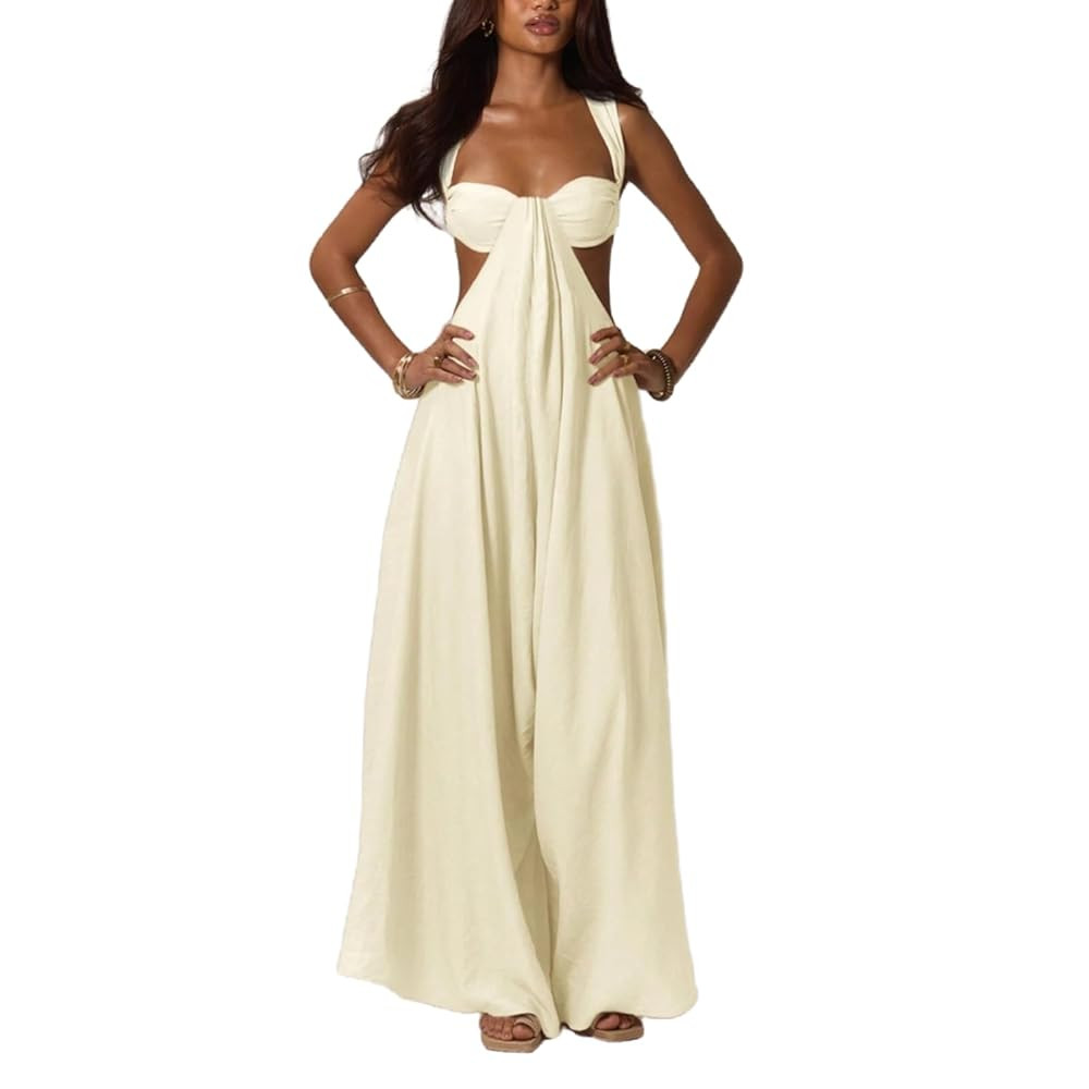 Womens Casual Jumpsuit Halter Hollow Out Backless Top Wide Leg Pants Summer Vacation Jumpsuit | Amazon (US)