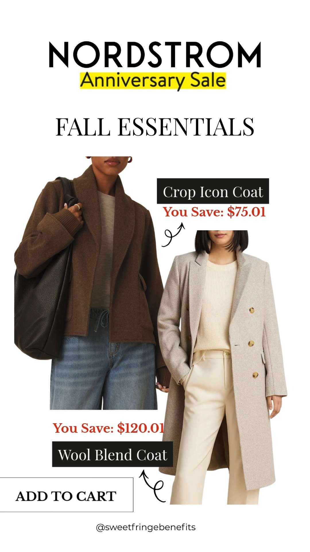 These coats are two of my favorite fall investments from the Nordstrom Anniversary Sale! A timeless wool blend coat and a chic crop icon coat are layering pieces you'll reach for year after year. Even better—they're both deeply discounted during the sale.

💡 LTK MADE EASY
❤️ Heart = Support my posts!
🔖 Save = Get sale & restock alerts
📋 Lists = Keep favorites organized
📲 Share = Send lists and products to a friend. Hello, Christmas List!
💬 Comment = Ask me anything about what I'm wearing.:-) 

 #LTKSeasonal #LTKActive #LTKOver40