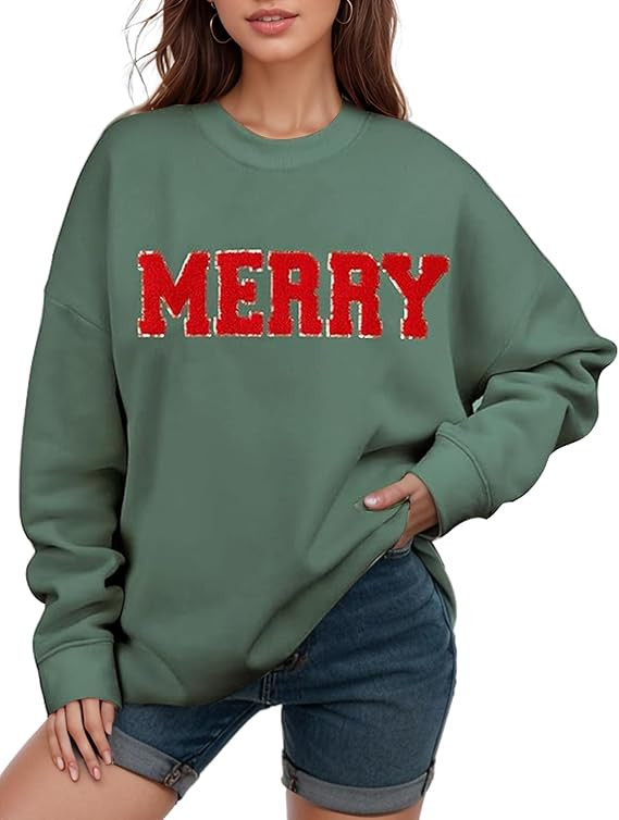 Gihuo Christmas Sweatshirts for Women Glitter Patch Merry Letter Shirts Chenille Oversized Pullov... | Amazon (US)