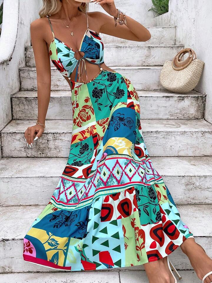 SHEIN VCAY Women's Printed Pleated Vacation Style Cami Dress | SHEIN