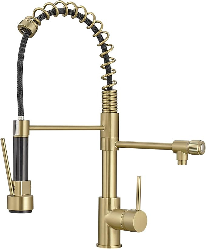 Brushed Gold Kitchen Faucet with Pull Down Sprayer, Single Handle Commercial Brass Kitchen Sink F... | Amazon (US)