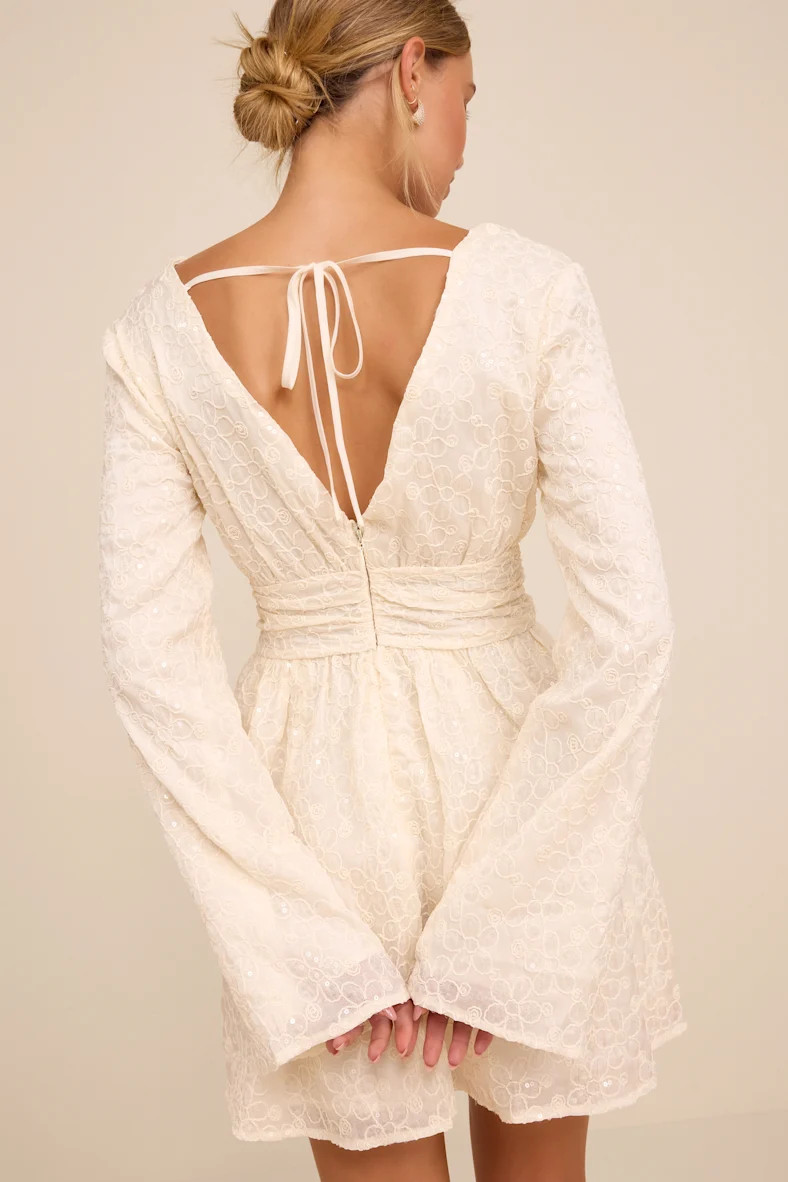 Catarina Ivory Embroidered Sequin Long Sleeve Mini Dress | Lulus