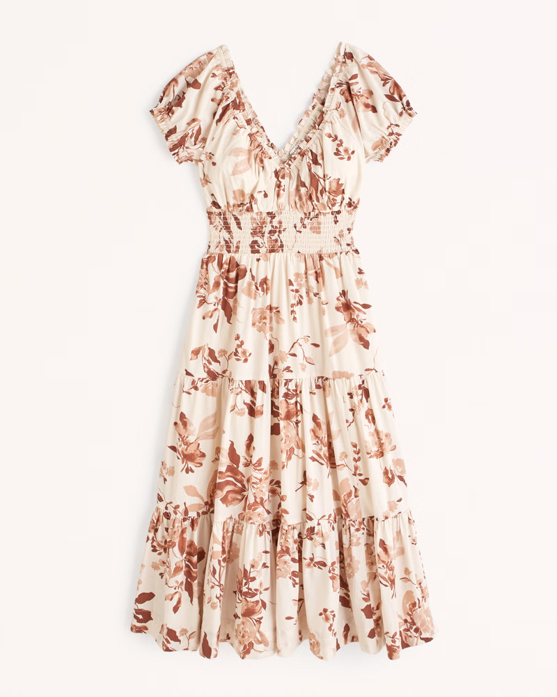 Cap Sleeve Smocked Waist Midi Dress | Abercrombie & Fitch (US)
