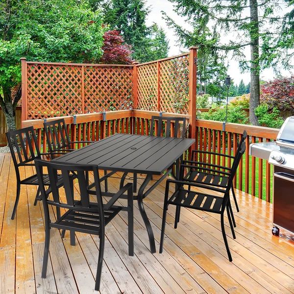 Outdoor Patio Dining Table 60”x38” Rectangular Metal Slatted Table With Umbrella Hole | Wayfair North America