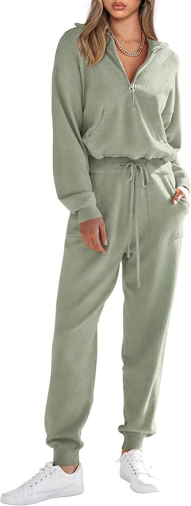 PRETTYGARDEN Women's 2 Piece Sweater Set Pullover Zip Up Sweatshirt Jogger Sweatpants Tracksuit C... | Amazon (US)