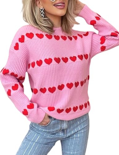 Wyeysyt WoWyeysyt Valentine Hearts Sweaters Cute Long Sleeve Crewneck Casual Knitted Sweaters Tops(Pink-L) | Amazon (US)