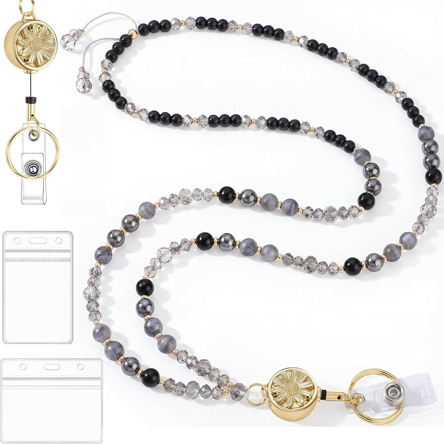 Teacher Lanyard for ID Badges Retractable Badge Reel Natural Stone Beaded Lanyards for Women ID C... | Amazon (US)