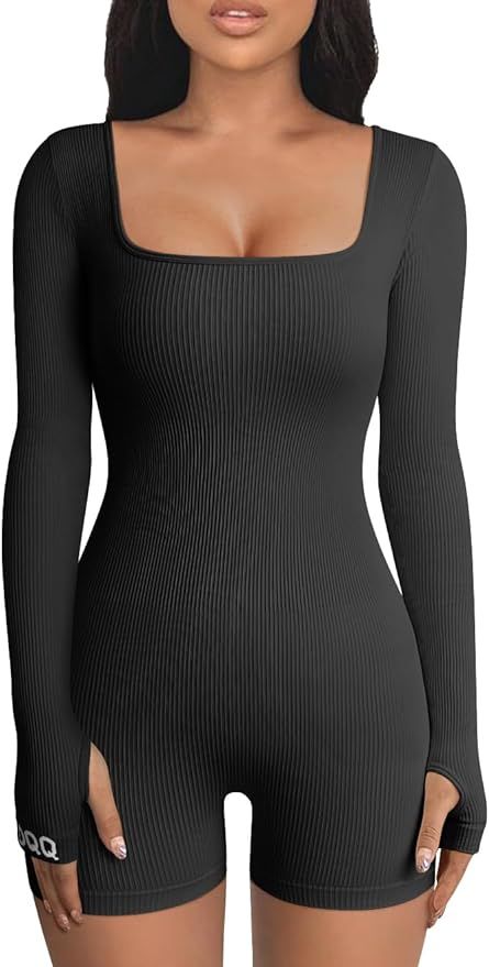 OQQ Women’s Yoga Rompers Workout Ribbed Long Sleeve Square Neck Sport Jumpsuits Rompers | Amazon (US)