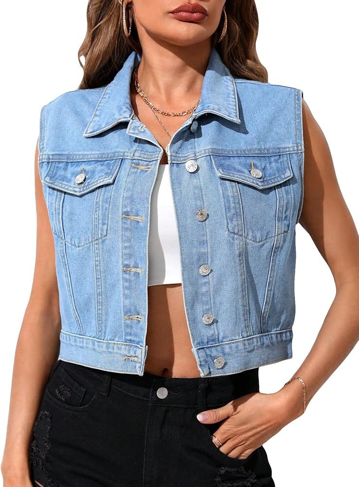 Floerns Women's Flap Pocket Button Front Sleeveless Collar Neck Denim Vest Jacket | Amazon (US)