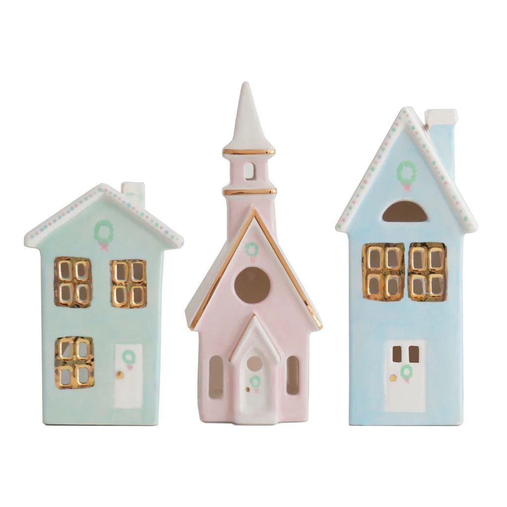 Pastel Christmas Village 3-Piece Set with 22K Gold Accents | Lo Home by Lauren Haskell Designs