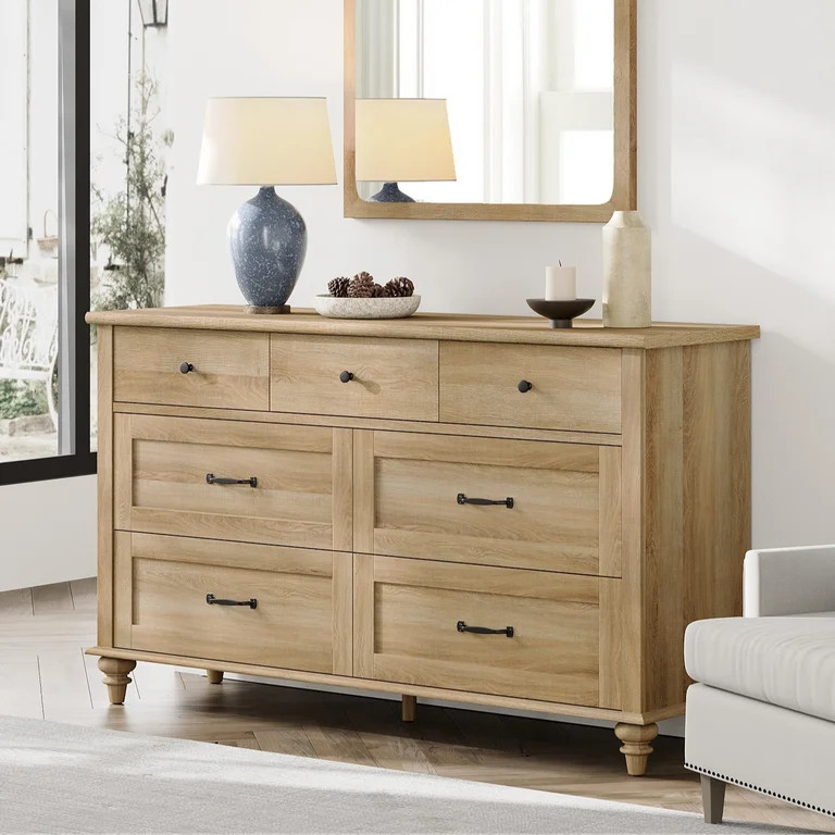 Oak 7 Drawer Dresser for Bedroom, Wooden Chest of Drawers for Living Room | Walmart (US)