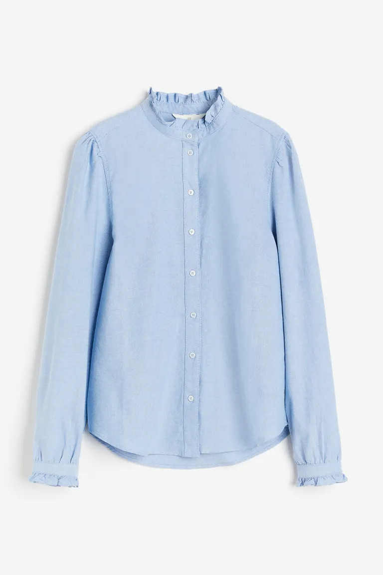 Frill-trimmed Oxford blouse - Blue - Ladies | H&M GB | H&M (UK, MY, IN, SG, PH, TW, HK)
