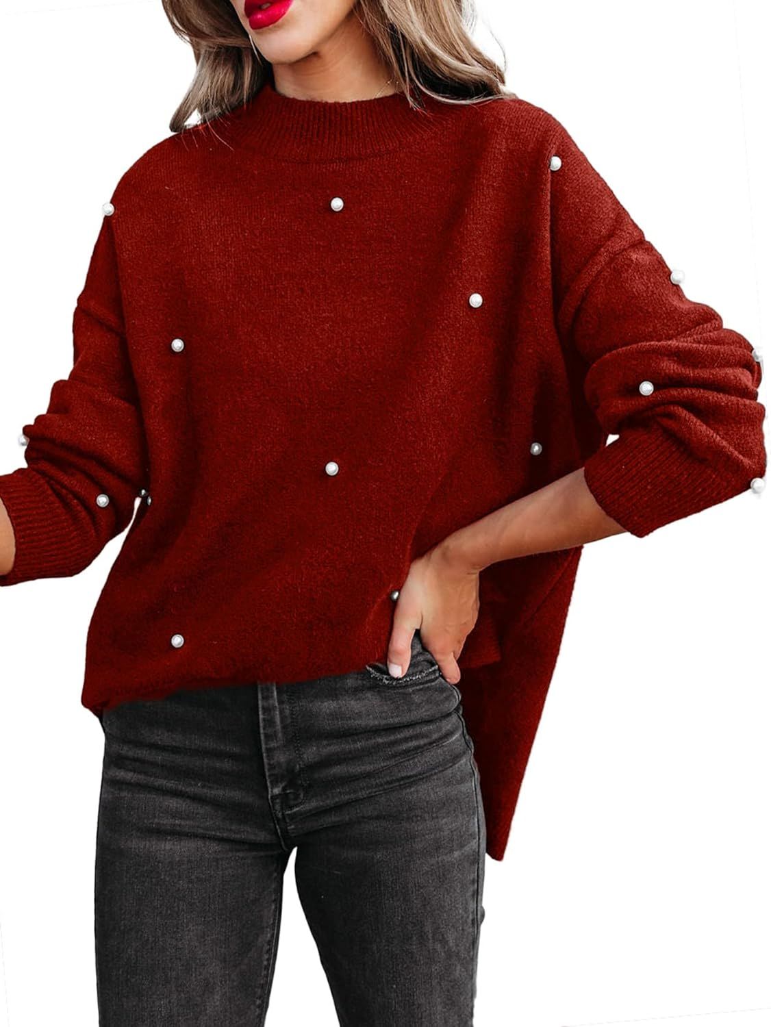 Glamaker Oversized Sweater for Women Cozy Batwing Sleeve Pearls Sweater Pullover Warm Mock Turtle... | Amazon (US)