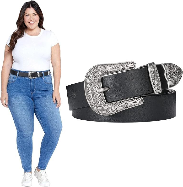 Women Plus Size Leather Belt Ladies Western Vintage Style Belt for Pants Jeans Dress | Amazon (US)