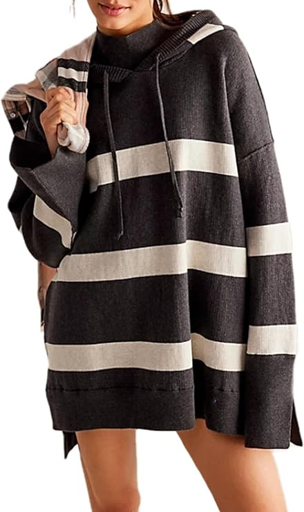 SCOFEEL Womens Oversized Hoodies Dress Striped Drawstring Sweatshirts Long Sleeve Turtleneck Pull... | Amazon (US)