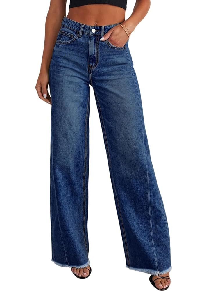 Sidefeel Women's Wide Leg Jeans High Waisted Strechy Raw Hem Zimbaplatinum Denim Pants | Amazon (US)
