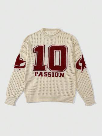 ROMWE MEN Men's Jersey Hollow Out Digit Jacquard Knit Crew Neck Long Sleeve Sweater, Streetwear | SHEIN