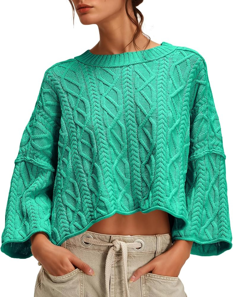 UNCLECAT Women's Cable Knit Cropped Sweaters Oversized Fall Sweater Long Sleeve Knit Trendy Pullo... | Amazon (US)