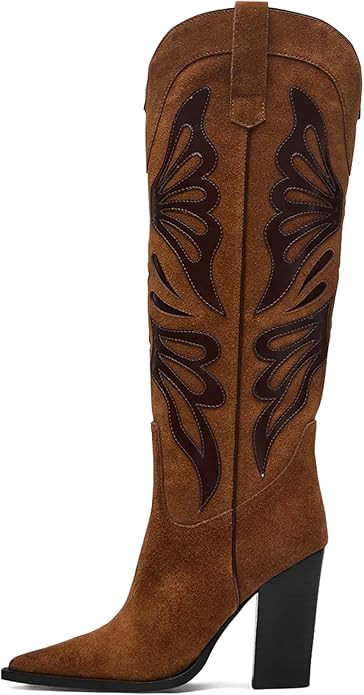 Cowboy Boots for Women Pointed Toe Chunky High Heels Butterfly Cowgirl Boots Wide Calf Knee High ... | Amazon (US)