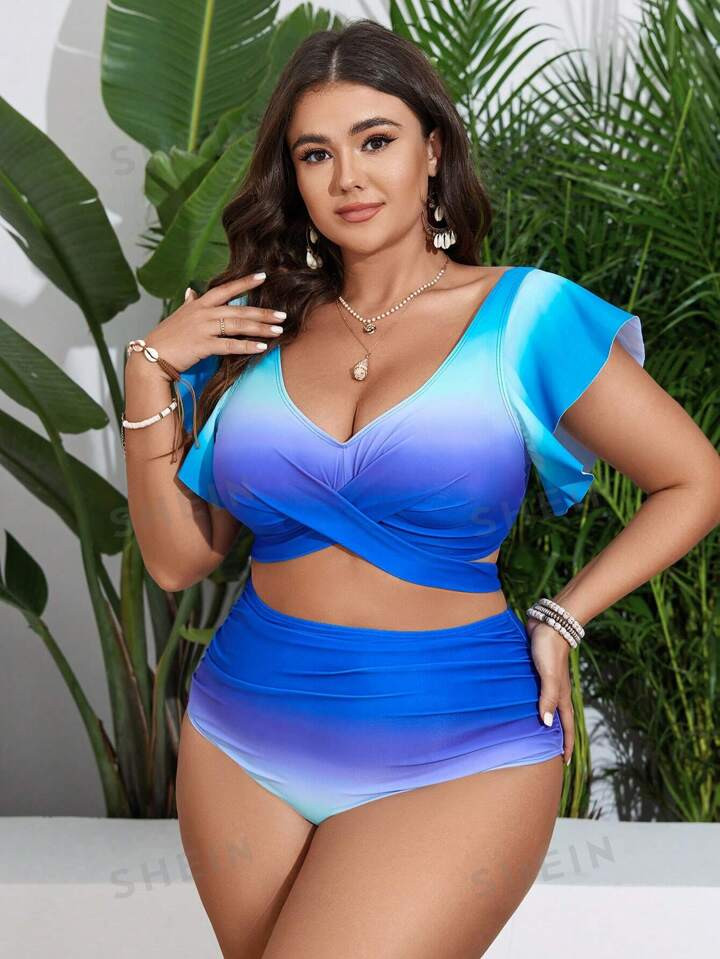 SHEIN Swim Vcay Plus Size Women'S Gradient Butterfly Sleeve Swimsuit Set | SHEIN