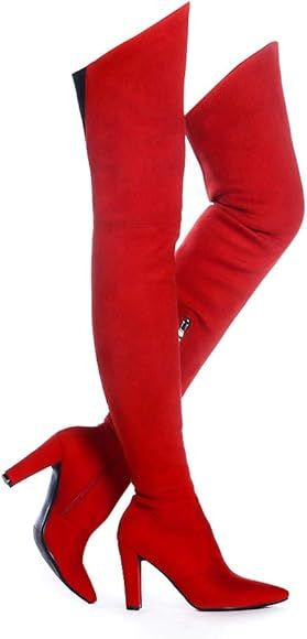 Shoe'N Tale Women Stretch Suede Chunky Heel Thigh High Over The Knee Boots | Amazon (US)