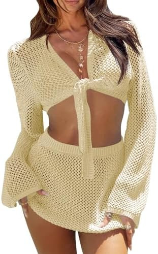 Fisoew Womens Crochet Swimsuit Coverups 2 Piece Bathing Suit Cover Up Long Sleeve Tie Front Crop ... | Amazon (US)
