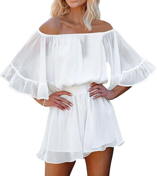 Fixmatti Women Boho Summer Romper Casual Floral Print Off Shoulder Strapless Shorts Jumpsuits | Amazon (US)