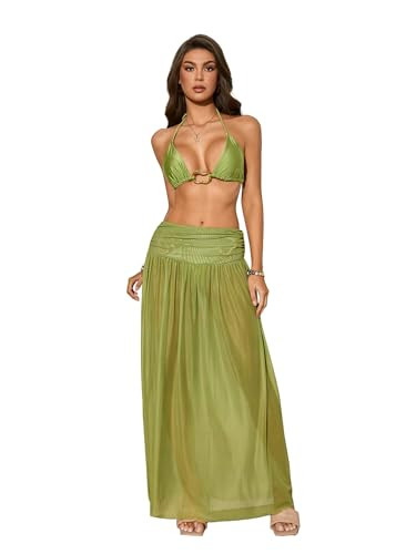 GORGLITTER Women's 3 Piece Swimsuit Metal Ring Triangle Halter Bikini Set with Long Cover Up Skir... | Amazon (US)