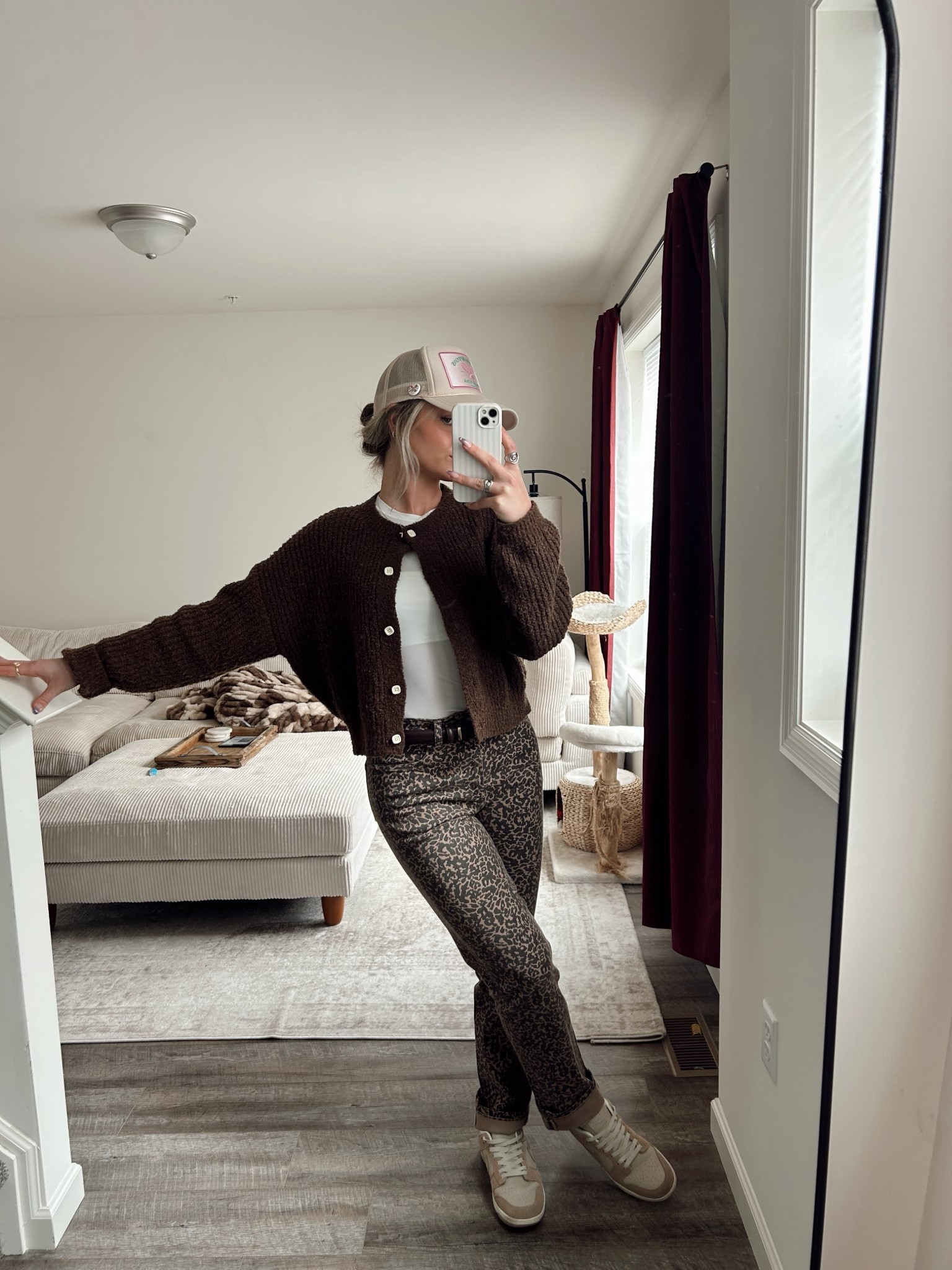 cheetah print jeans are so stretchy & comfy - run TTS (wearing a 27) 

Brown belt, brown cardigan, trucker hat, jeans outfit, spring outfit inspo

#LTKTall #LTKootd #LTKgrwm